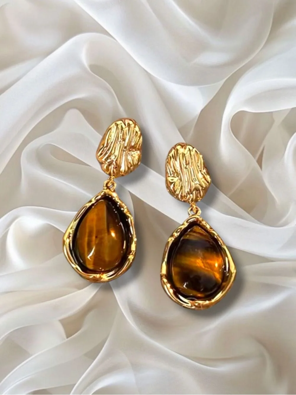 Brown Teardrop Gem Earrings –Gold Textured Statement Dangles, Retro Chic Jewelry